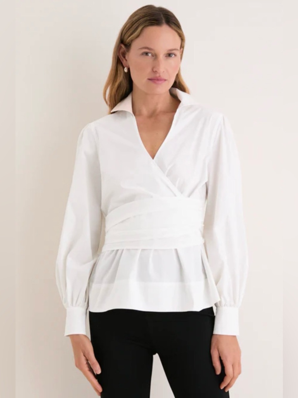 Tuckernuck Tie Front Bow Bea Blouse Wrap Waist Poplin Puff Sleeves- Women Size:M